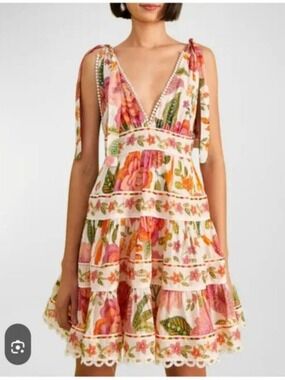 Farm Rio Macaw Bloom Tie-Strap Mini Dress White Pink Floral Anthropologie M